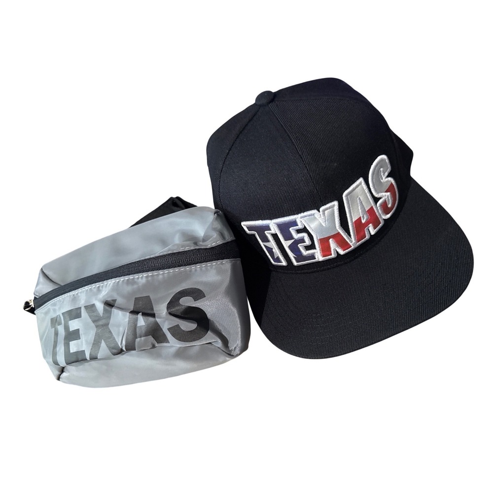 Texas Souvenir Set:Black Cap & Black Silver Reflective‎ Fanny Pack NWT